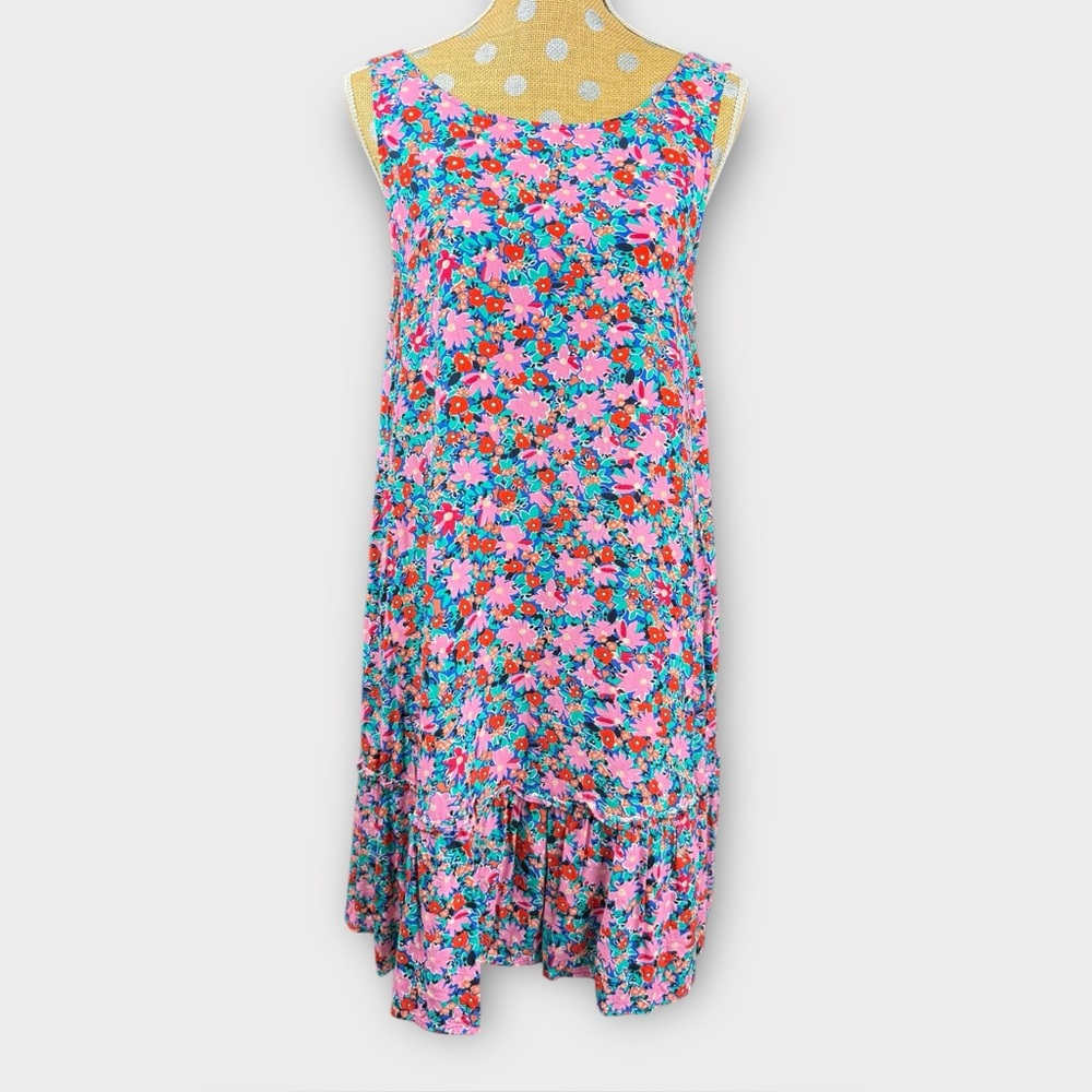 LOFT Women Large Floral Sleeveless Tiered Shift Dress Pink Blue Viscose Tie Back